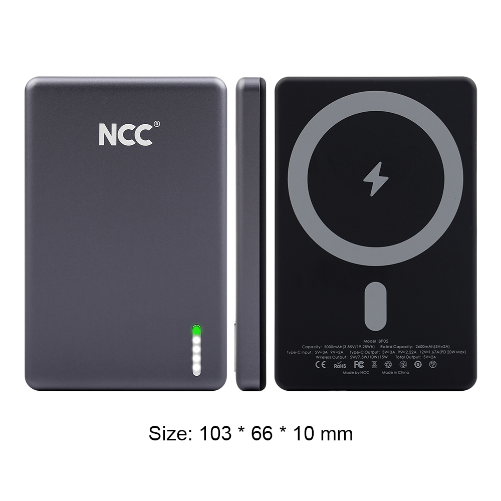 NCC BP05 5000mAh Ultra Slim Magnetic Power Bank Wireless Fast Charging Alloy Unibody