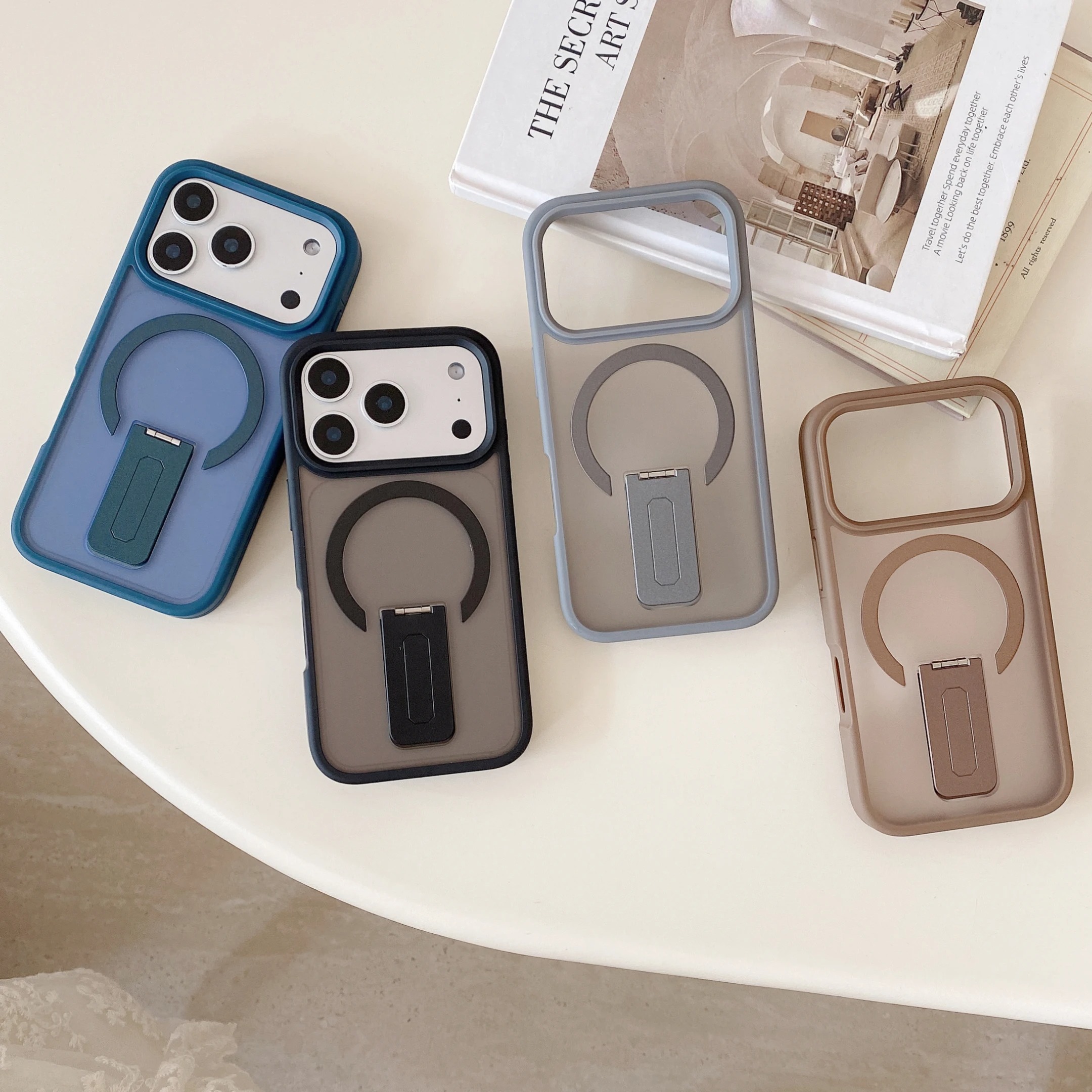 For Magsafe Folding Stand Magnetic Matte Translucent Case for iPhone Series Shockproof Back Cover